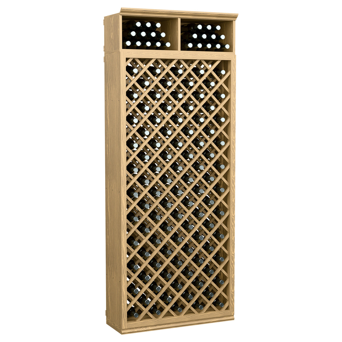 Wine bottle storage cabinet with diamond lattice, tan wood finish, dual top bottle slots