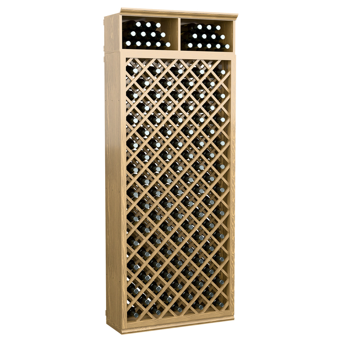 Wine bottle storage cabinet with diamond lattice, light oak finish, dual top bottle slots