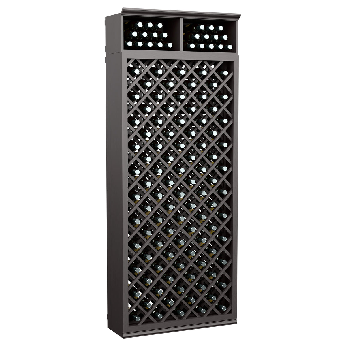 Wine bottle storage cabinet with diamond lattice, charcoal finish, dual top bottle slots