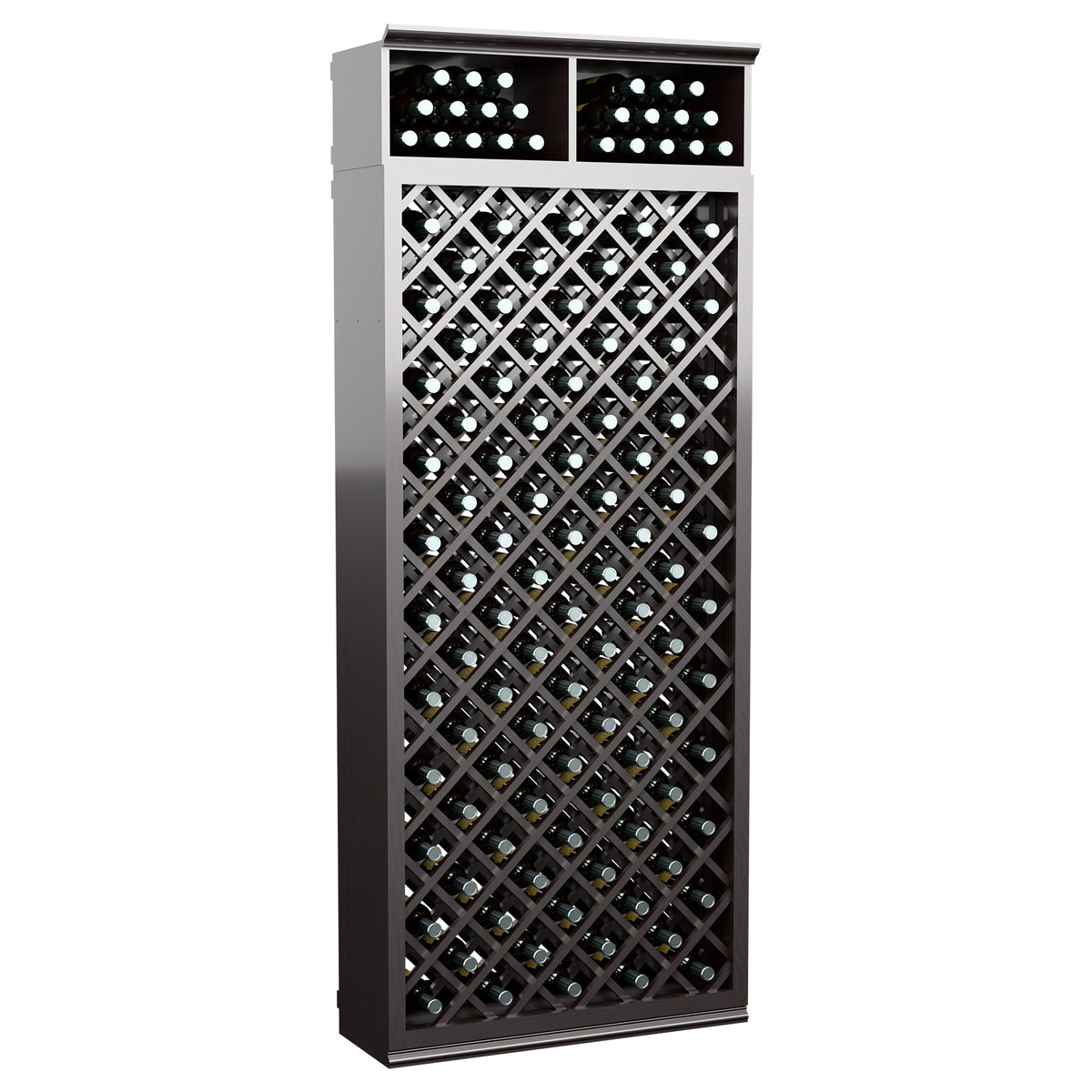 Wine bottle storage cabinet with diamond lattice, dark grey finish, dual top bottle slots