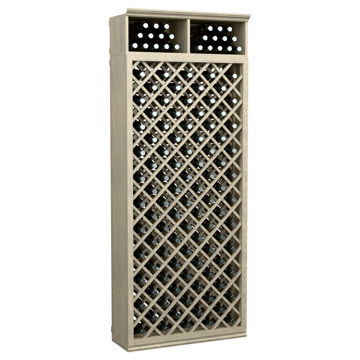 Tall wooden wine bottle display cabinet with crisscross lattice and top bottle holder rack
