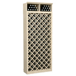 Tall light wood wine bottle storage cabinet with crisscross lattice and capped top bottle slots