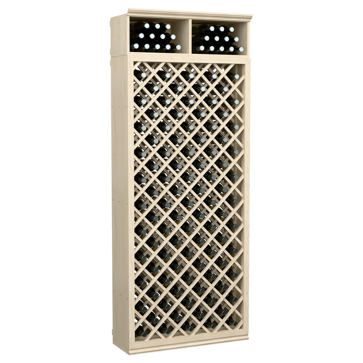 Tall light wood wine bottle storage cabinet with crisscross lattice and capped top bottle slots