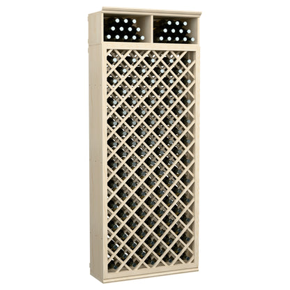 Tall light wood wine bottle storage cabinet with crisscross lattice and capped top bottle slots