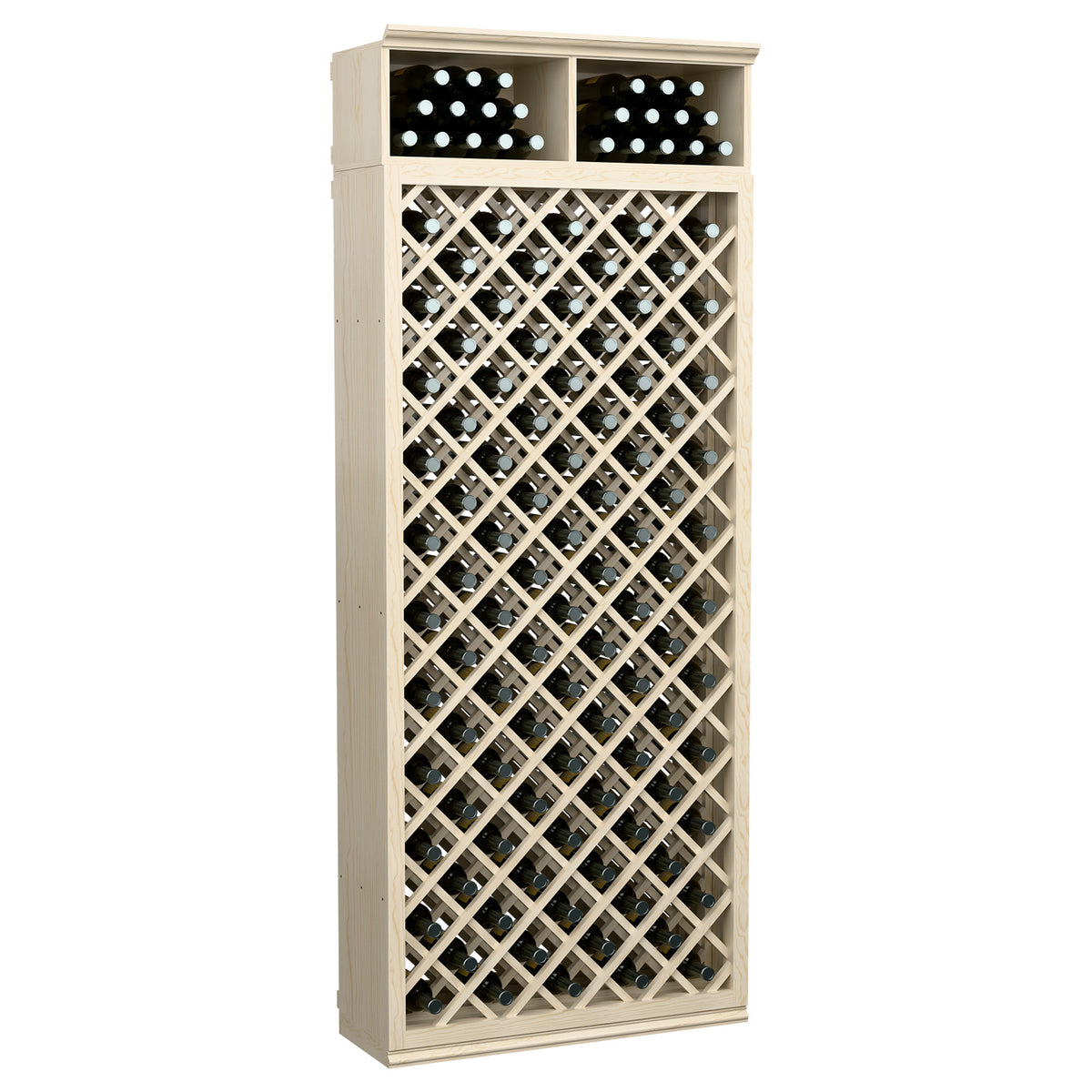 Tall light wood wine bottle rack cabinet with diamond lattice pattern and two top compartments