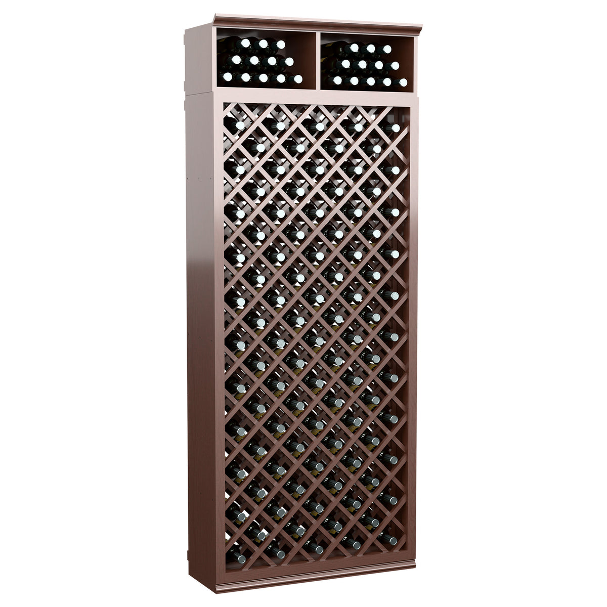 Tall medium-dark wooden wine bottle bin with diamond lattice and two rows of bottle openings