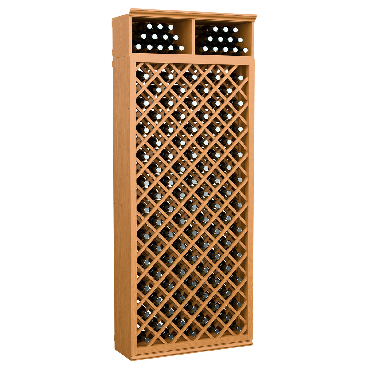 Tall natural wood wine bottle display cabinet with crisscross lattice and top bottle holder rack