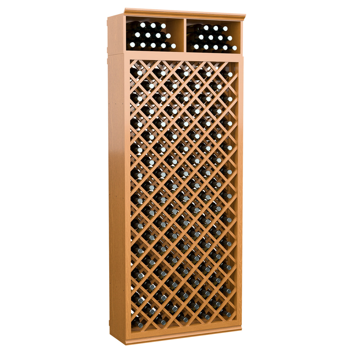 Tall warm wood wine bottle rack with diamond lattice pattern and two top bottle compartments