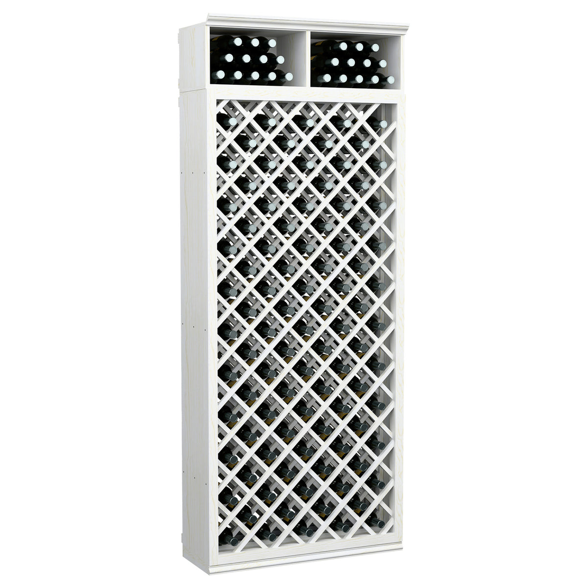 Tall white-finished wooden wine bottle cabinet with crisscross lattice and top bottle holder