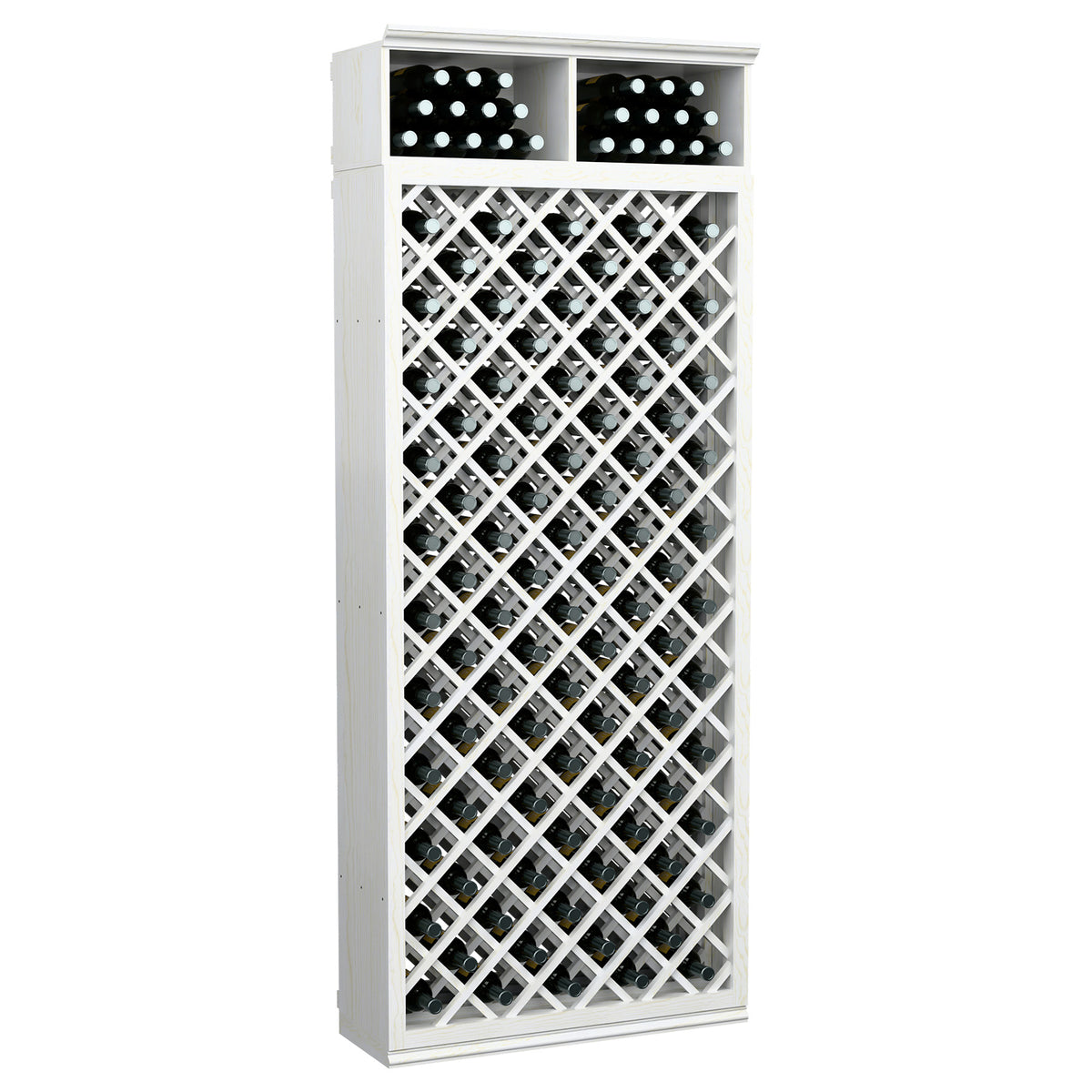 Tall white wine bottle display cabinet with diamond lattice and two top rows of bottle necks