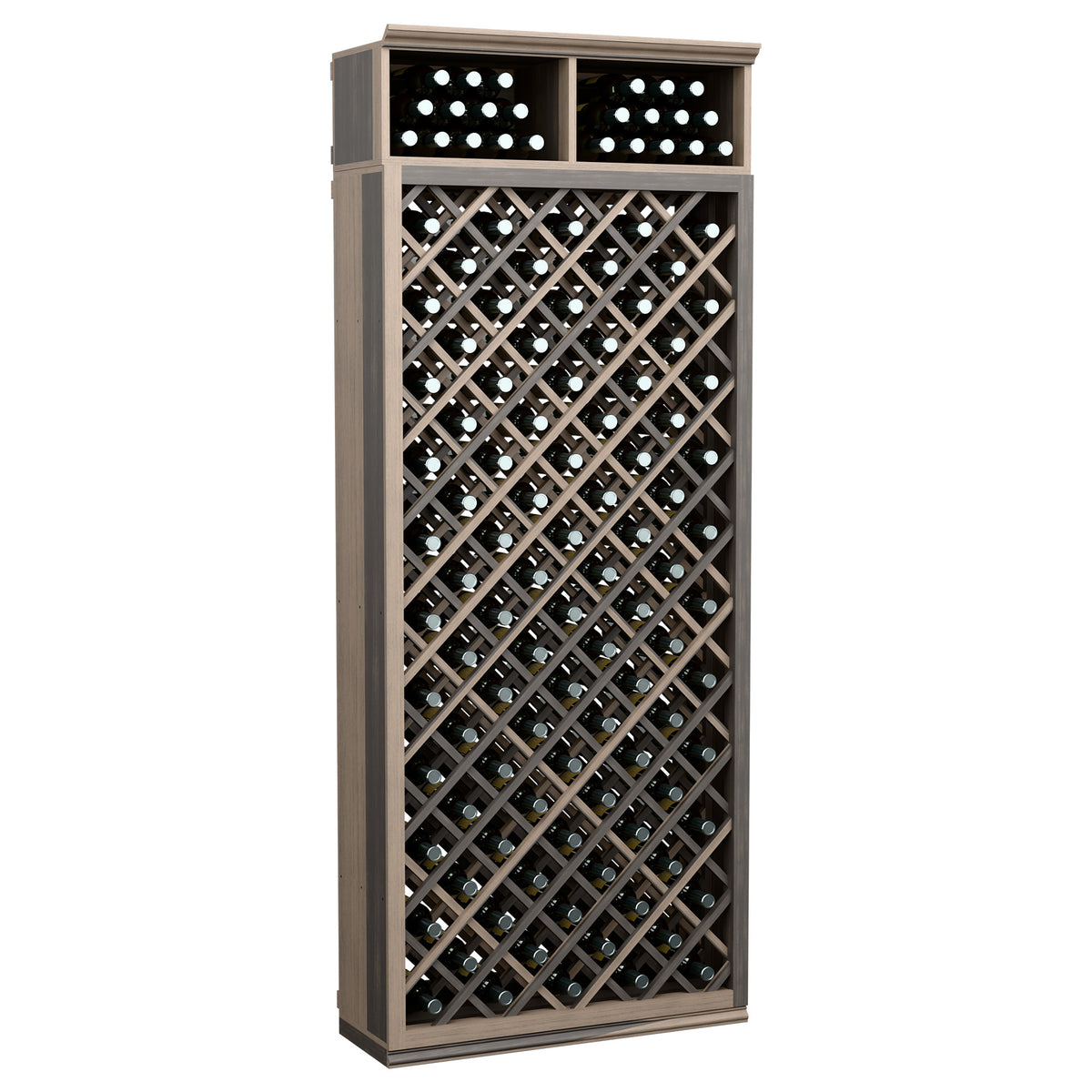 Dark gray 7-ft wine bottle storage cabinet with diamond lattice racks and top holders