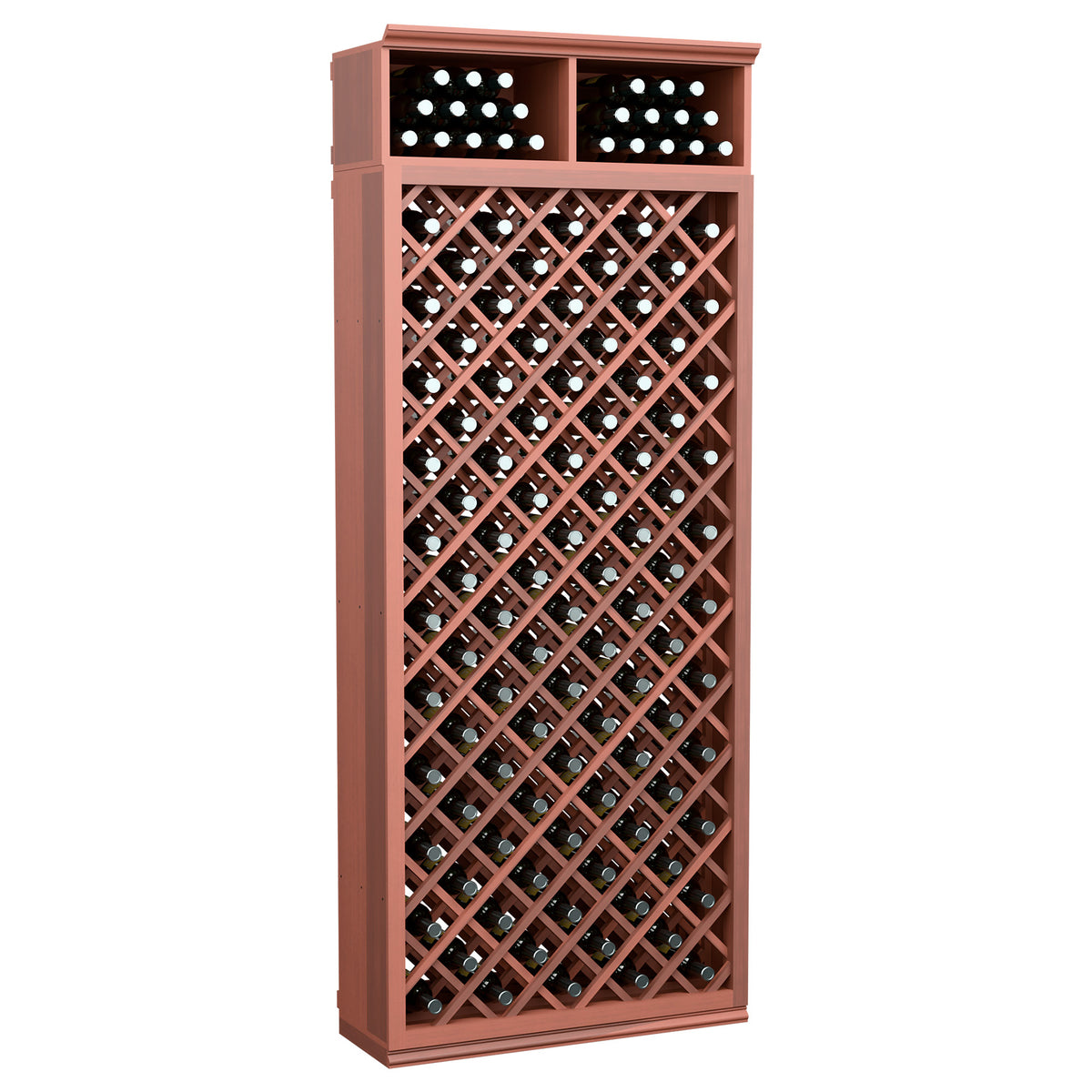 Red-brown 7-ft wine bottle storage cabinet with diamond lattice racks and top bottle slots
