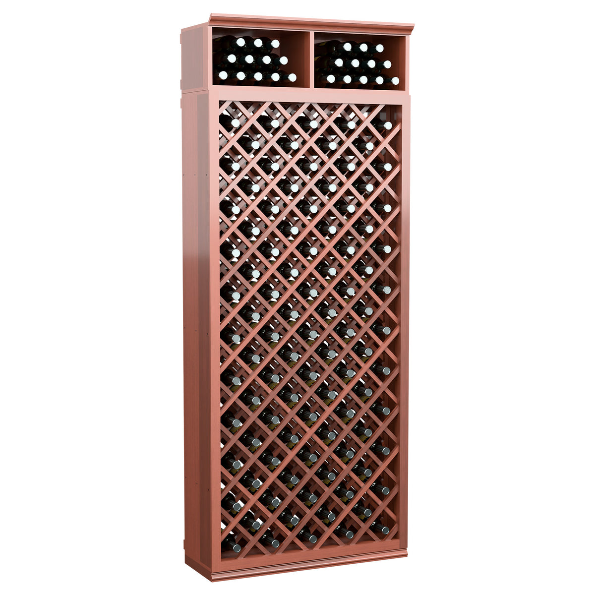 Rust red 7-ft wine bottle storage cabinet with diamond lattice racks and two top rows