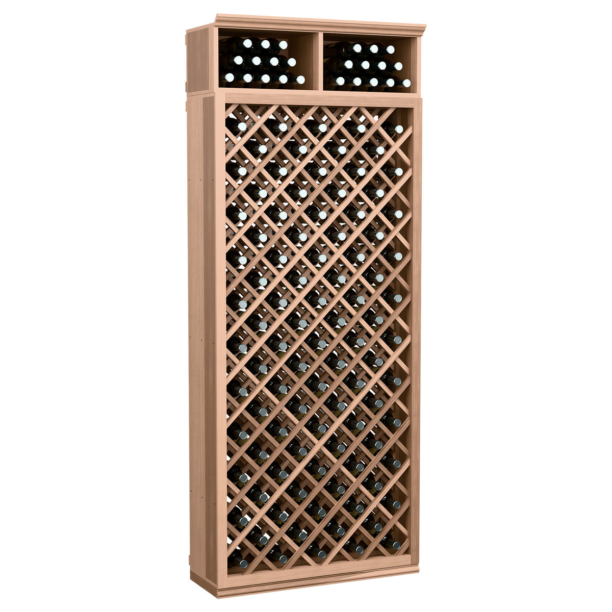 Light wood 7-ft wine bottle storage cabinet with diamond lattice racks and top bottle holders