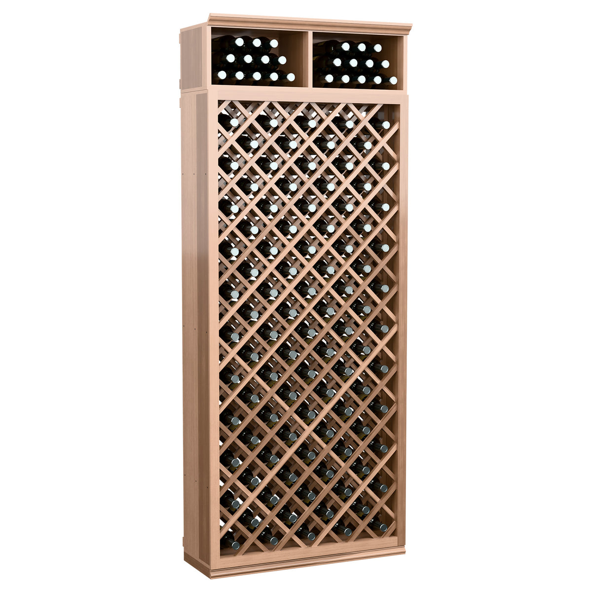 Pale light wood 7-ft wine bottle storage cabinet with diamond lattice racks and top holders