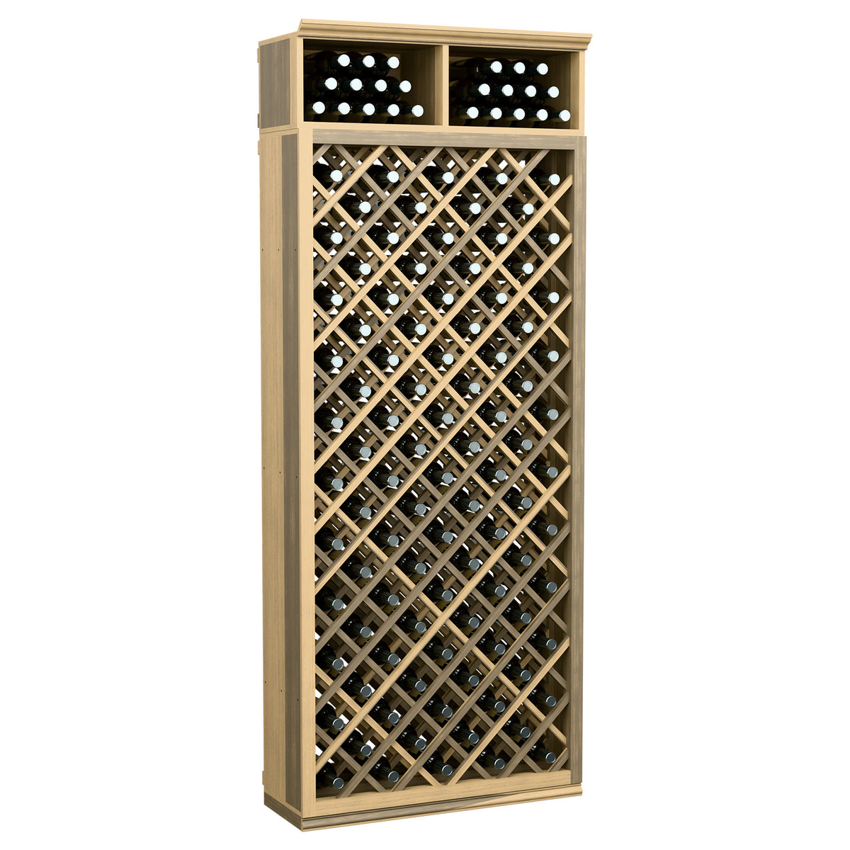 Honey-toned wood 7-ft wine bottle storage cabinet with diamond lattice racks and top rows