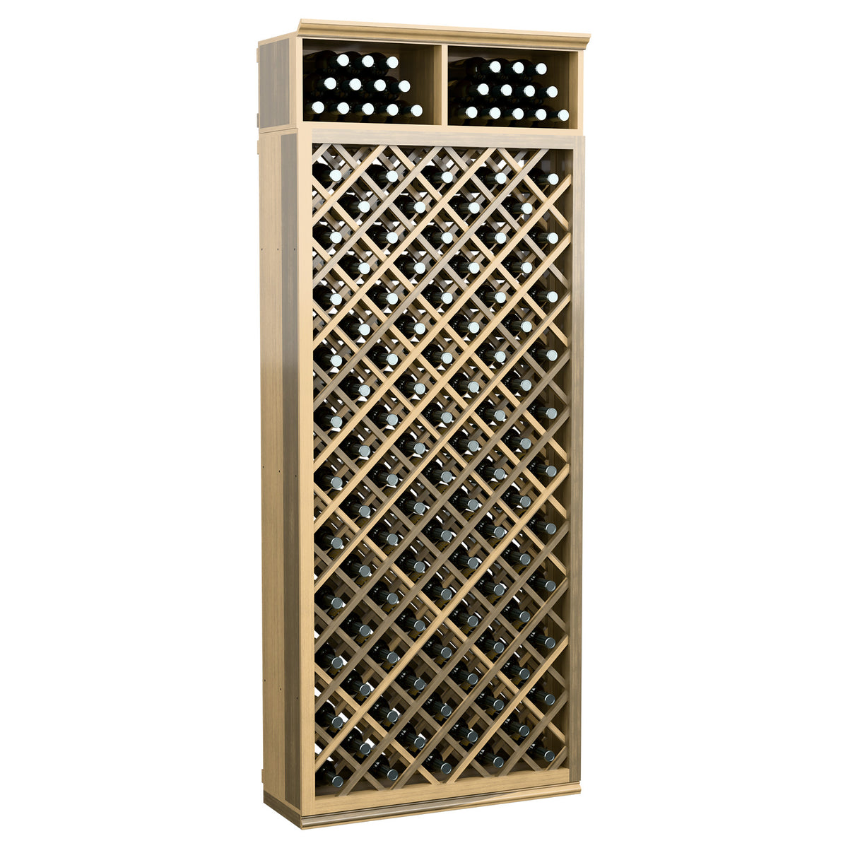 Light tan wood 7-ft wine bottle storage cabinet with diamond lattice racks and two top rows