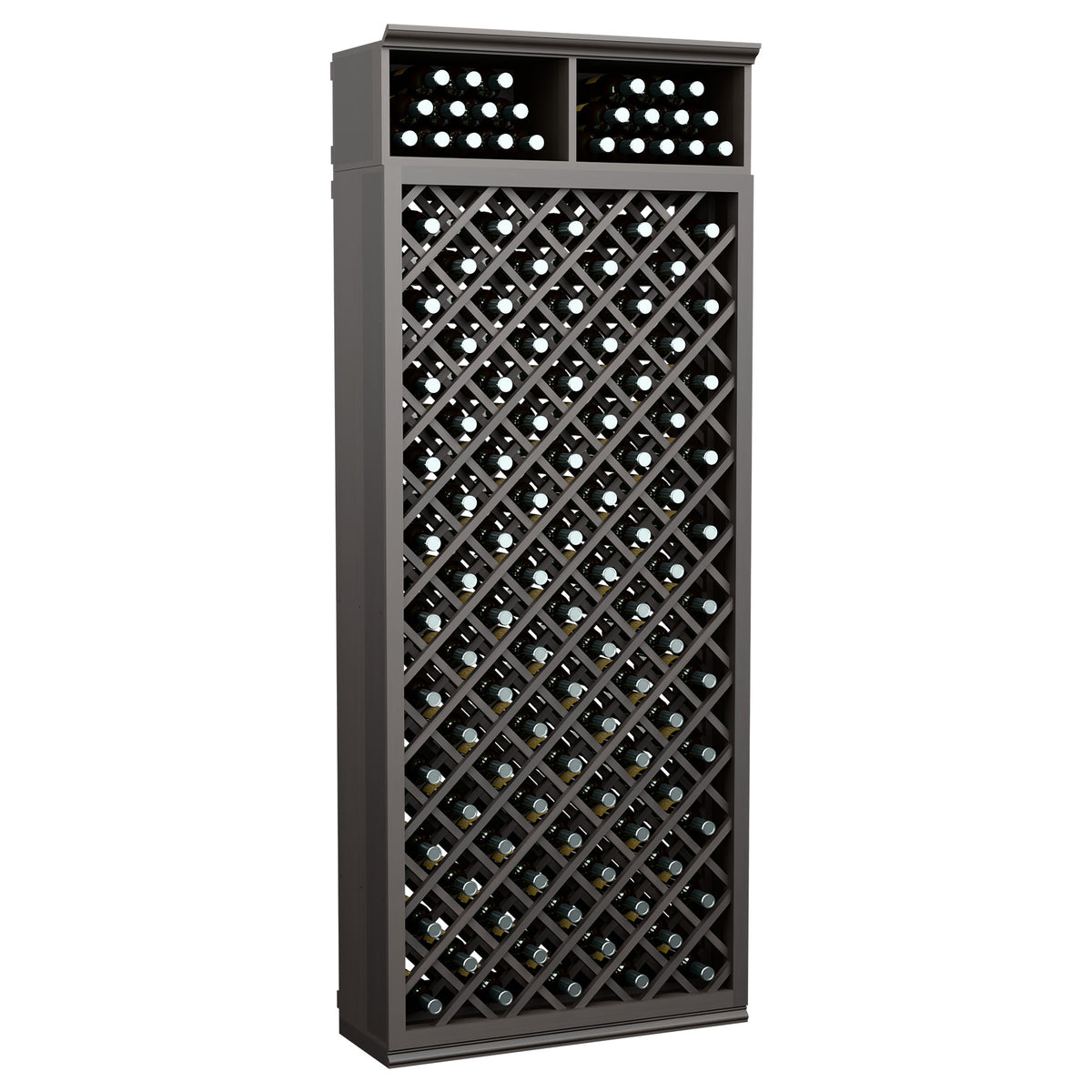 Dark charcoal 7-ft wine bottle storage cabinet with diamond lattice racks and top holders