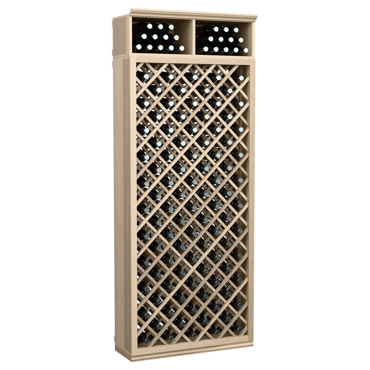Light wood wine bottle storage cabinet with diamond lattice and two top bottle slots