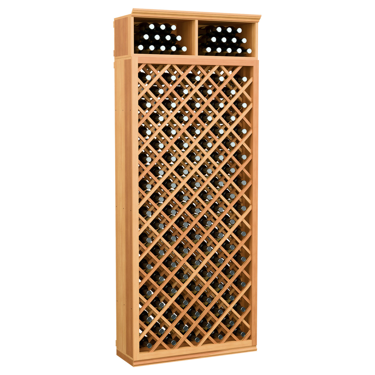Medium wood wine bottle storage cabinet with diamond lattice and two top bottle slots