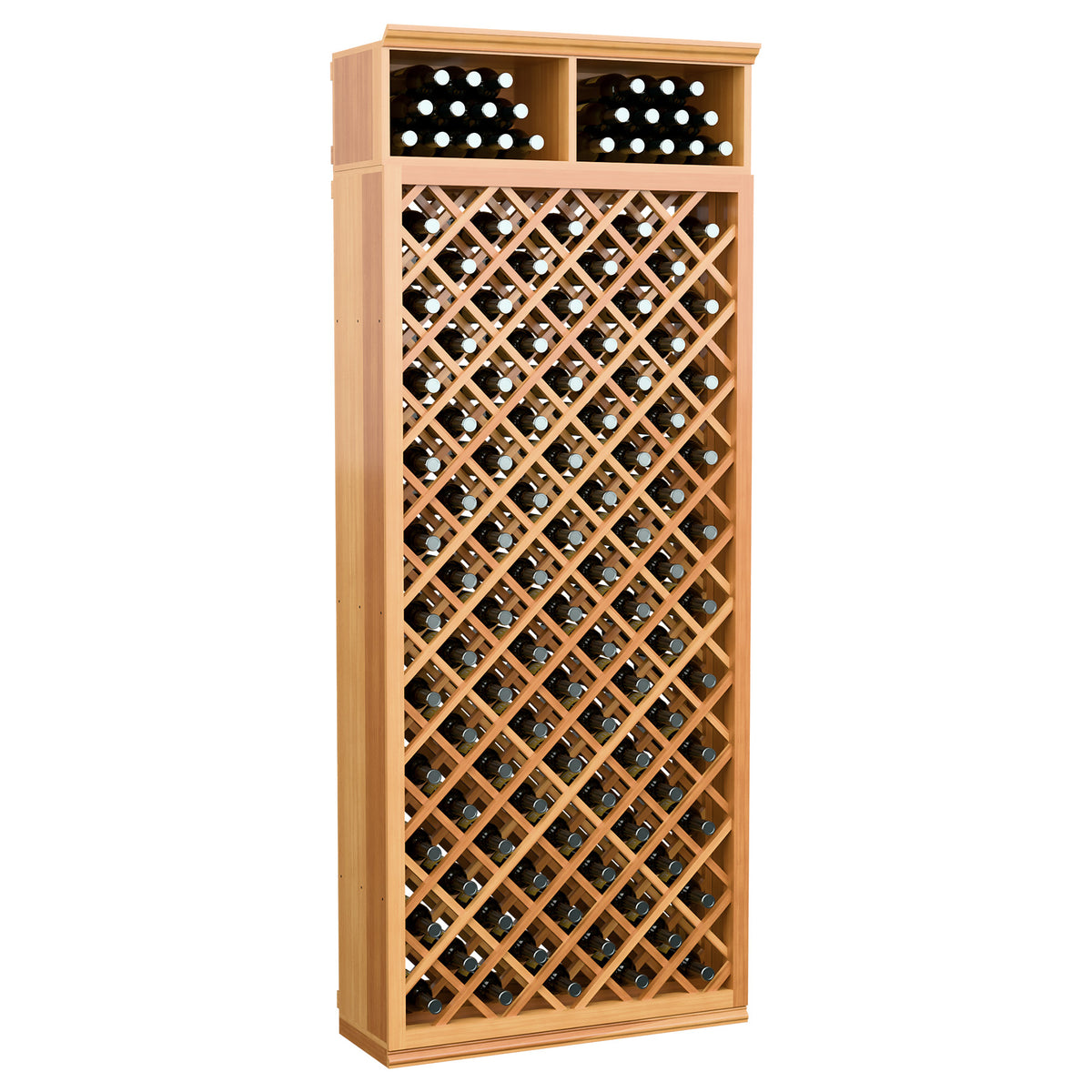 Medium wood wine bottle storage cabinet with diamond lattice and two top bottle slots