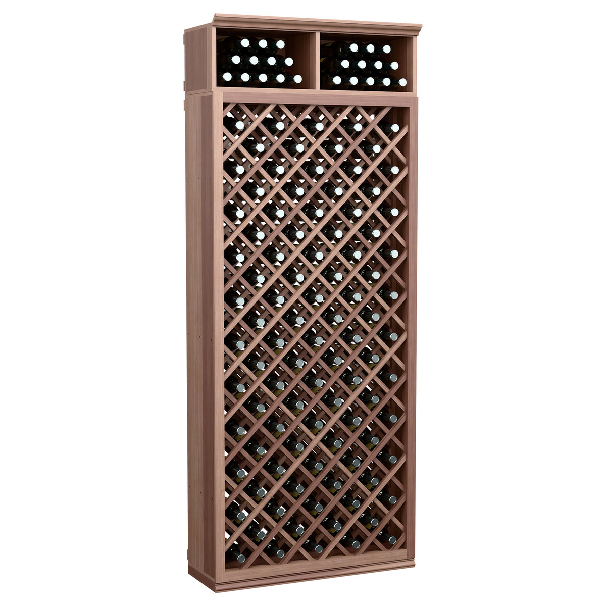 Dark brown wood wine bottle storage cabinet with diamond lattice and two top bottle slots