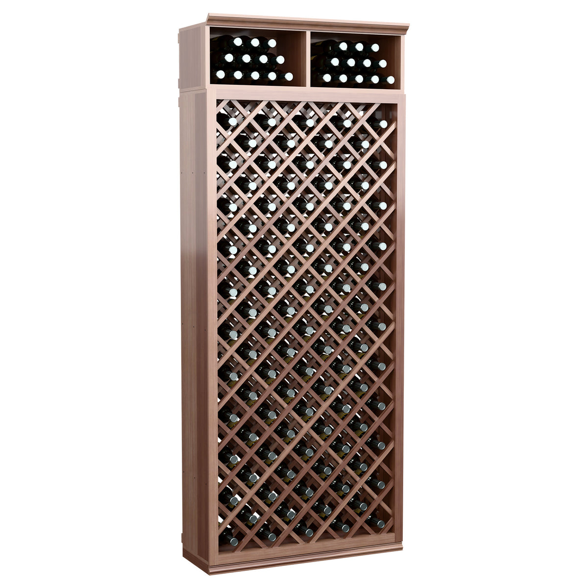Dark brown wood wine bottle storage cabinet with diamond lattice and two top bottle slots