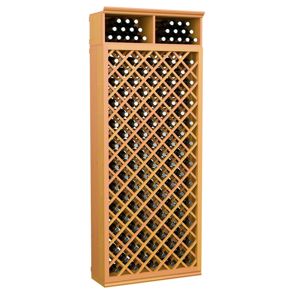 Golden wood wine bottle storage cabinet with diamond lattice and two top bottle slots