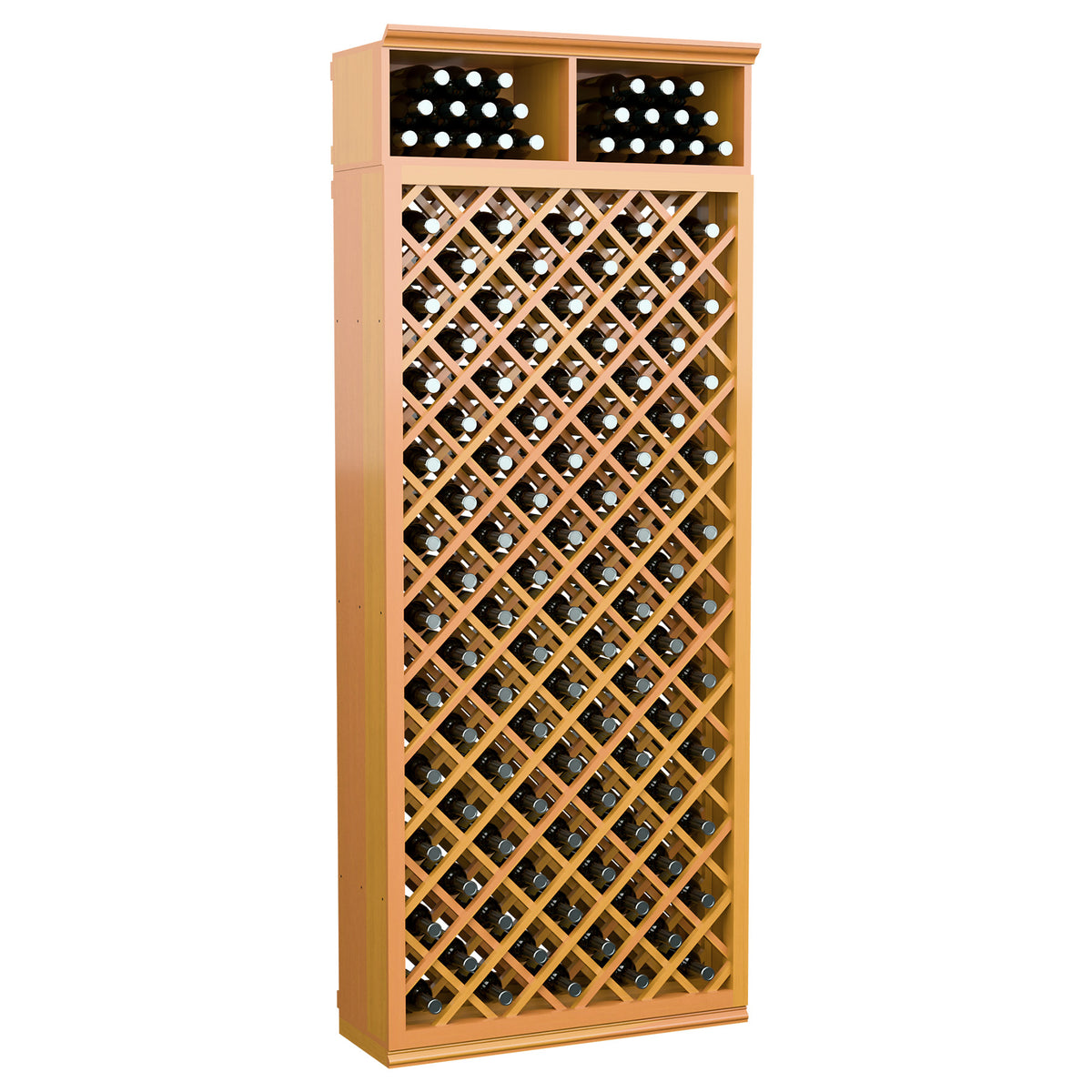 Golden wood wine bottle storage cabinet with diamond lattice and two top bottle slots