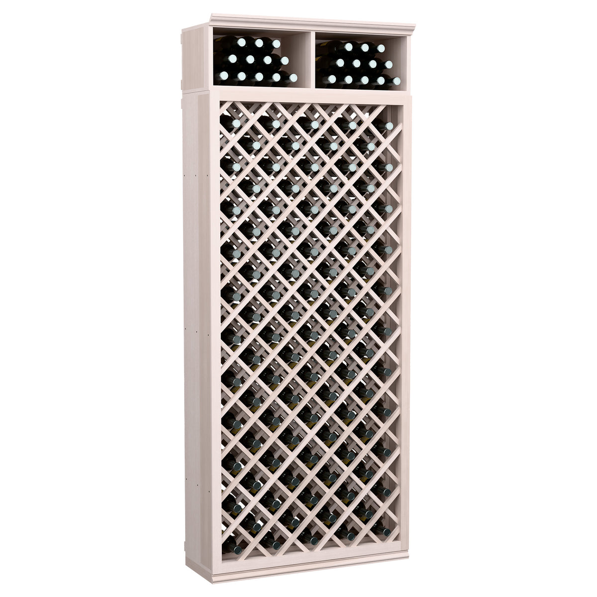 Light gray wood wine bottle storage cabinet with diamond lattice and two top bottle slots