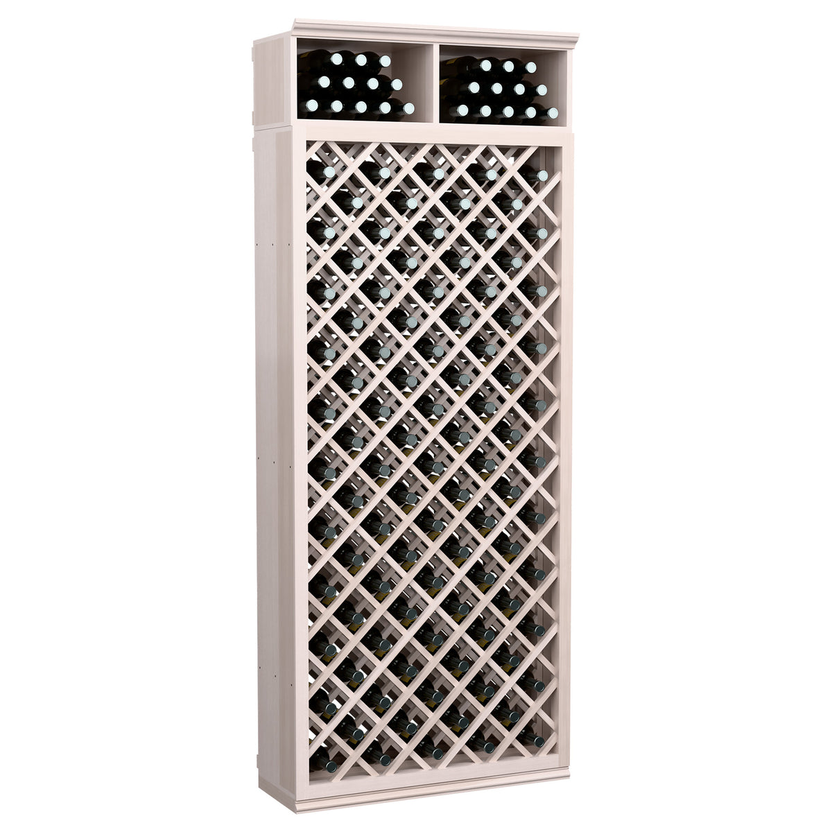 Light gray wood wine bottle storage cabinet with diamond lattice and two top bottle slots