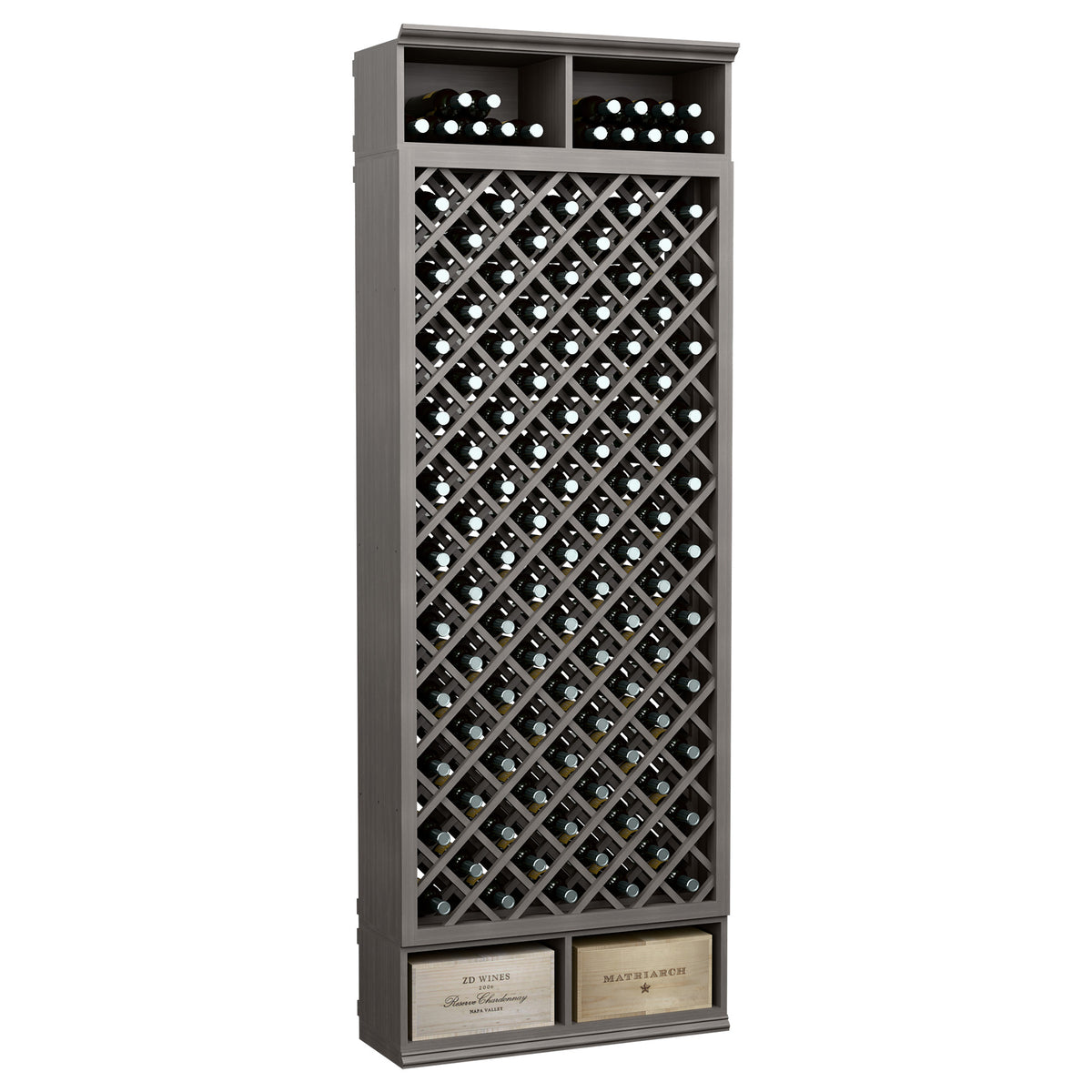 Freestanding wine bottle cabinet with diamond lattice rack and black top row