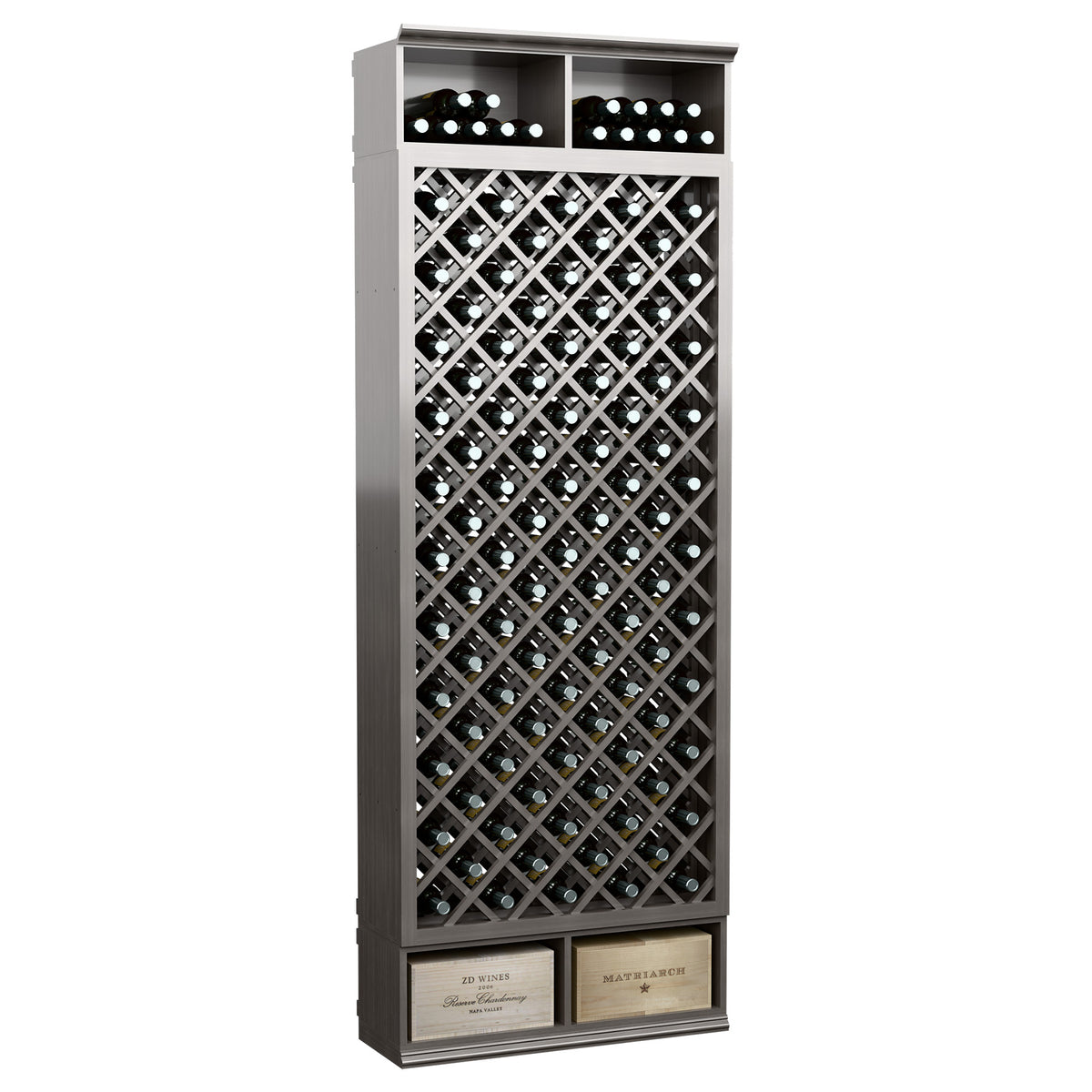 Freestanding wine bottle cabinet with diamond lattice rack and black top row