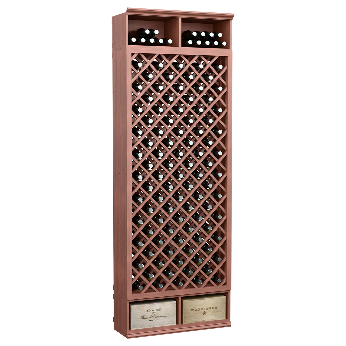 Freestanding wine bottle cabinet with diamond lattice rack and brown top row