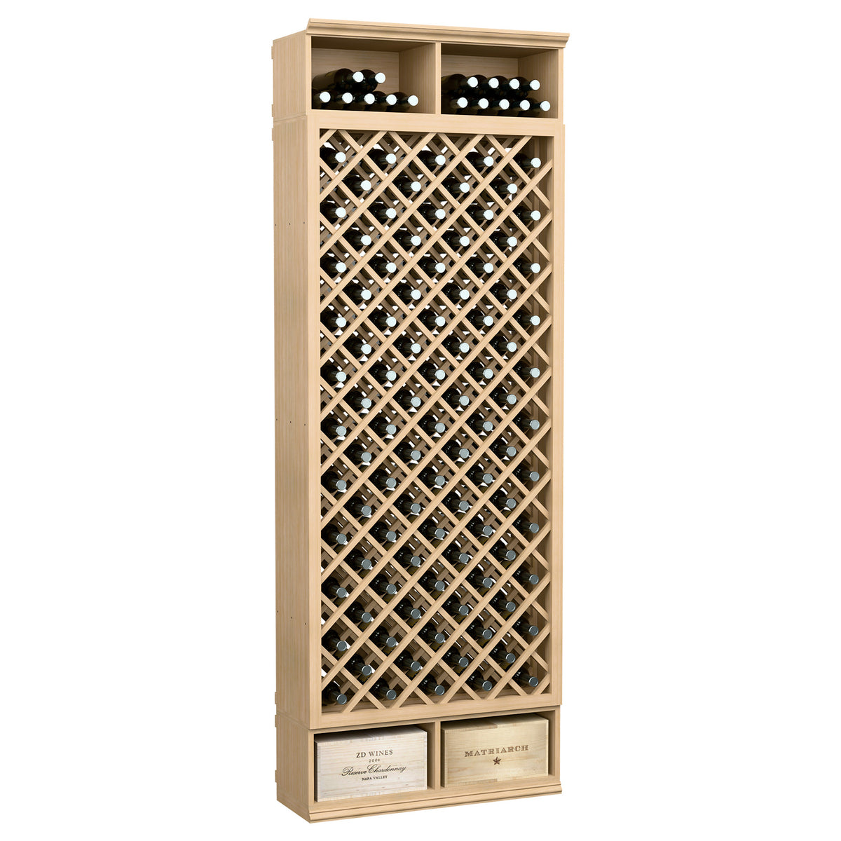Freestanding wine bottle cabinet with diamond lattice rack and natural wood top row