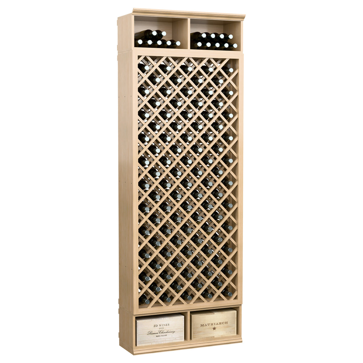Freestanding wine bottle cabinet with diamond lattice rack and natural wood top row