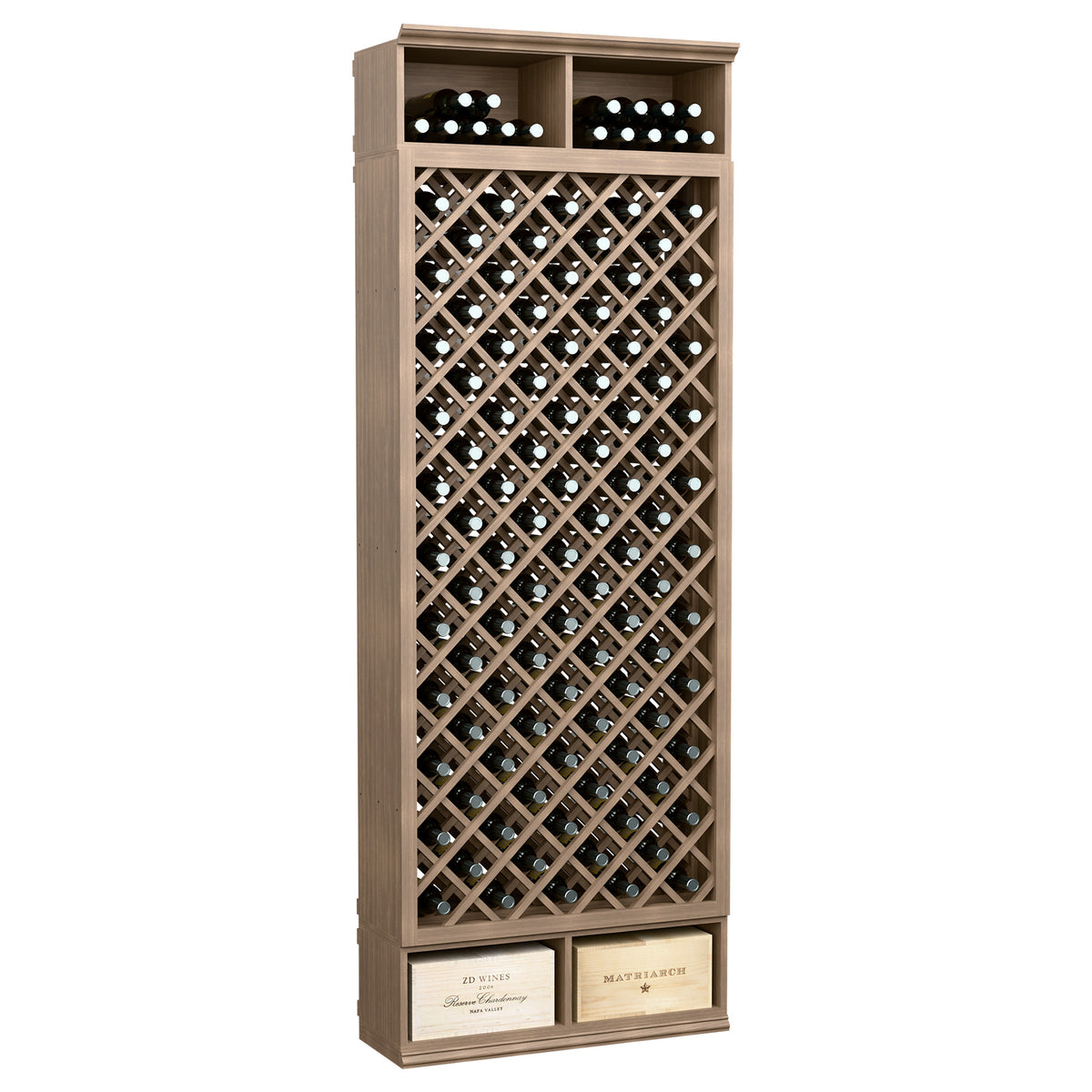 Freestanding wine bottle cabinet with diamond lattice rack and gray top row
