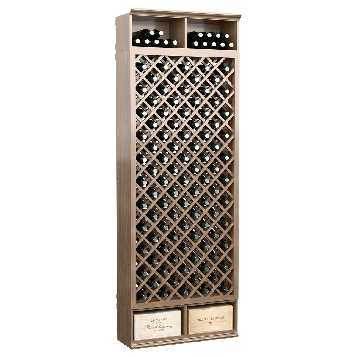 Freestanding wine bottle cabinet with diamond lattice rack and gray top row