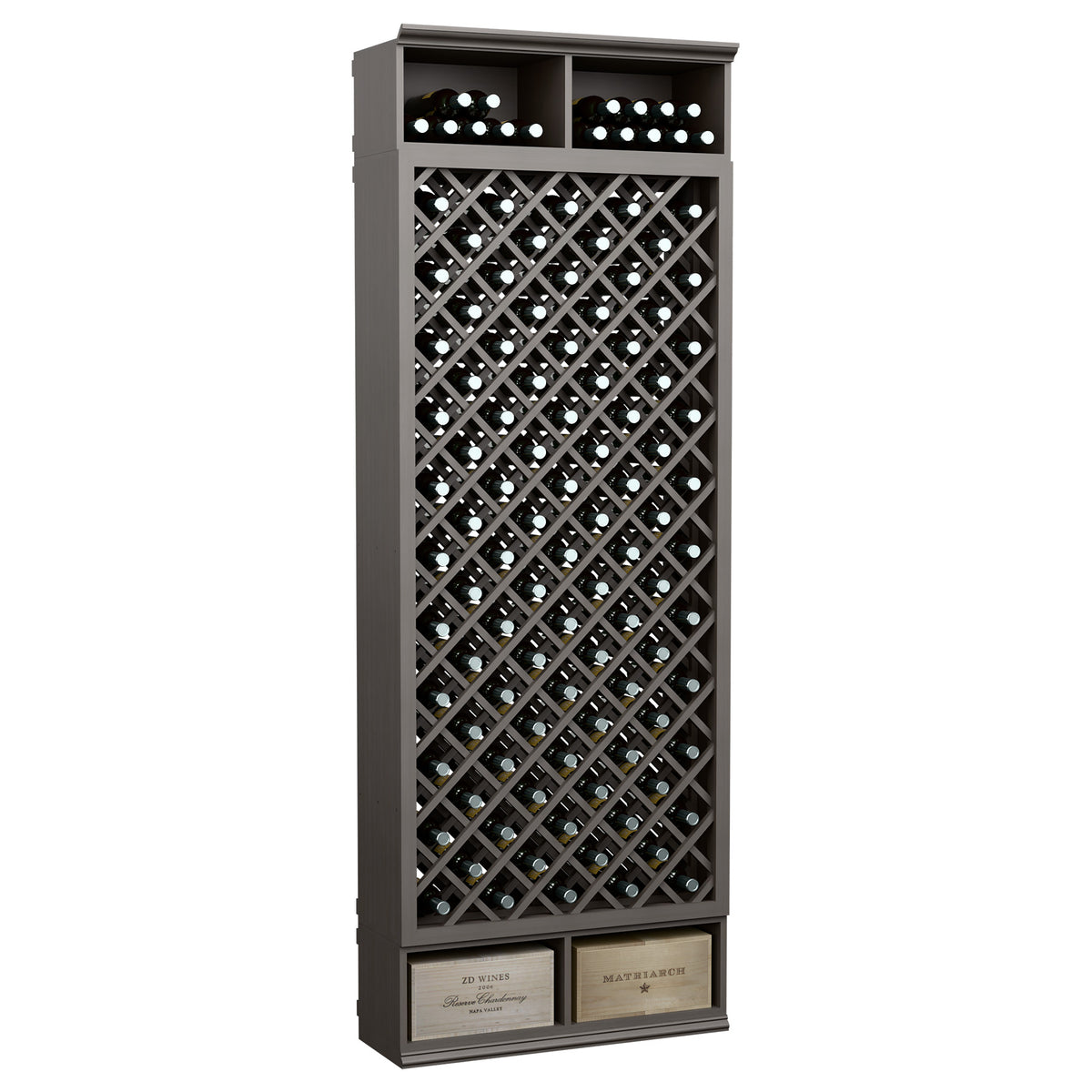 Freestanding wine bottle cabinet with diamond lattice rack and dark top row