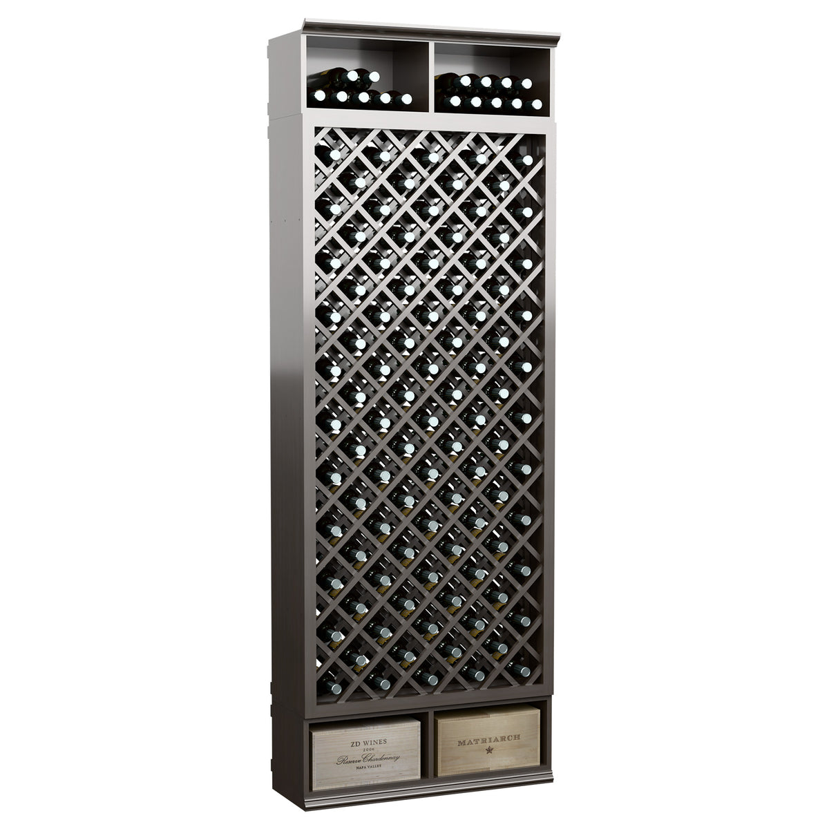 Freestanding wine bottle cabinet with diamond lattice rack and dark top row