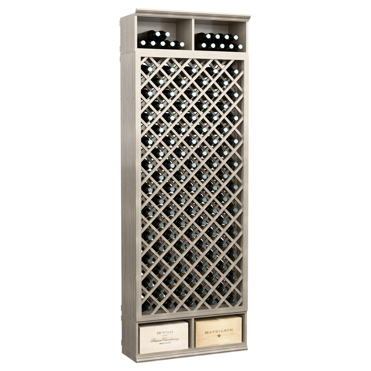Gray wine bottle cabinet with diamond lattice and top rows of bottle necks