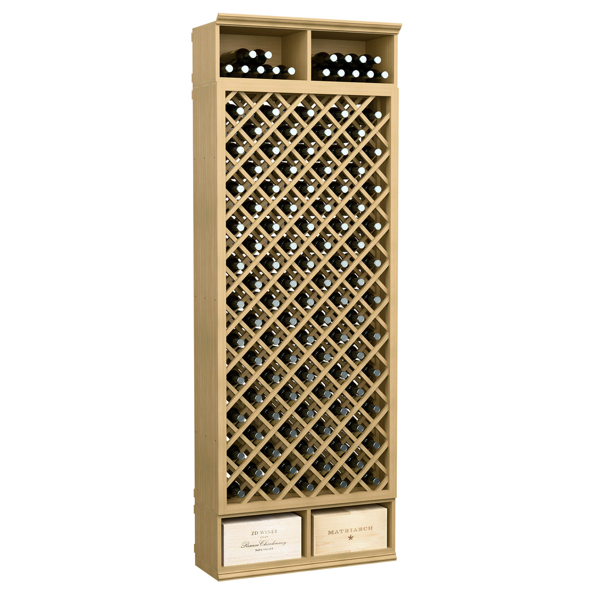 Natural wood wine bottle storage cabinet with diamond lattice and bottle neck display