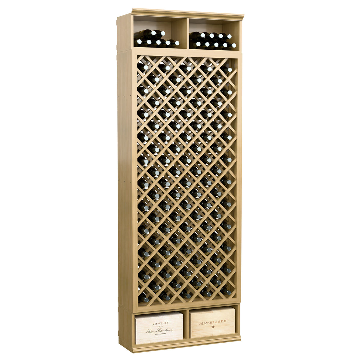 Light wood wine bottle organizer with diamond lattice and top bottle holders