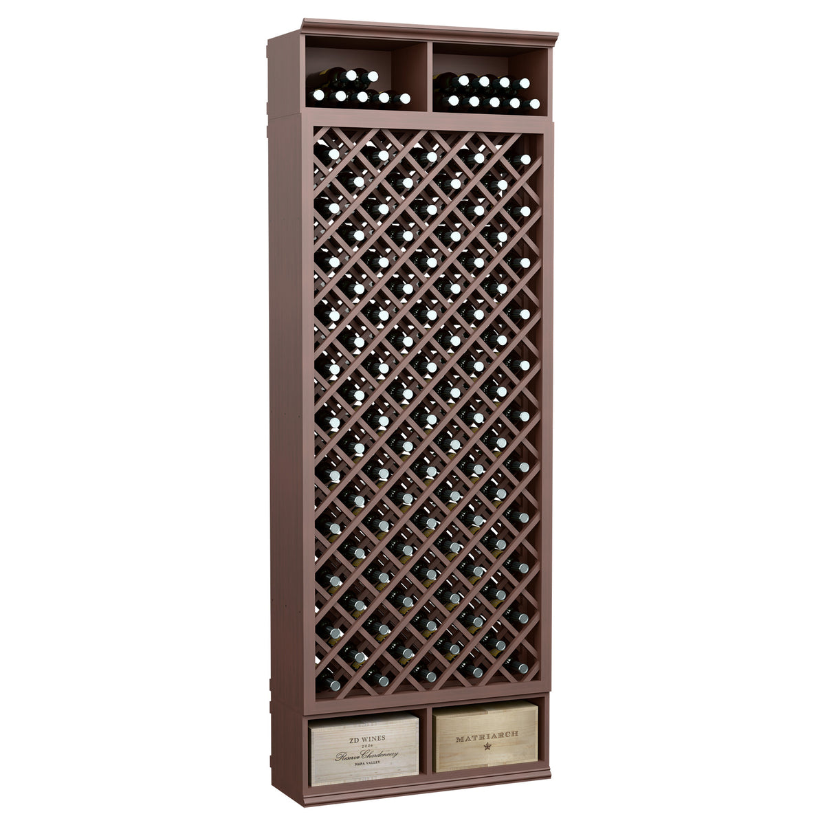 Dark brown wooden wine bottle storage cabinet with diamond lattice and top bottle holders