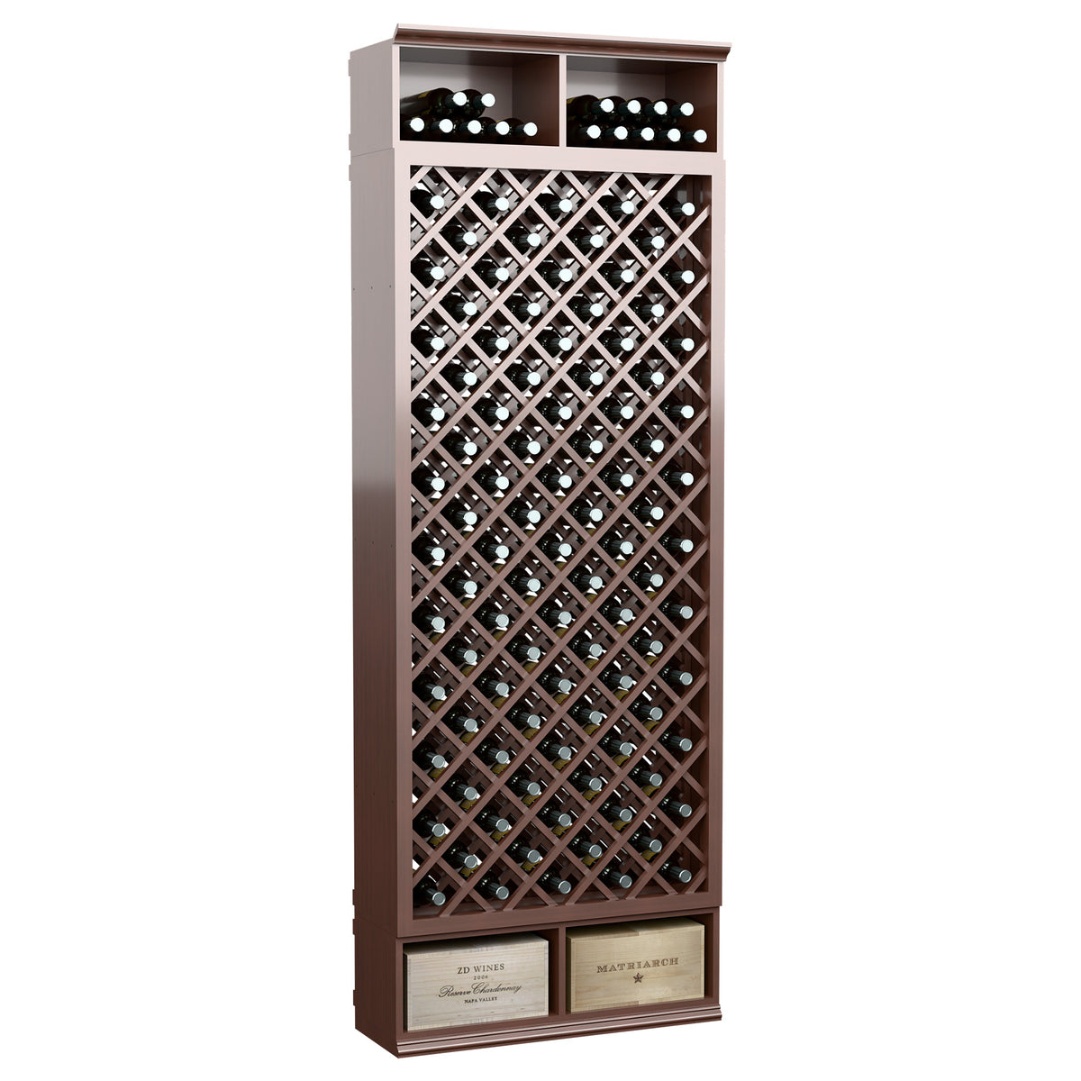 Espresso-brown wine bottle cabinet with diamond lattice for bottle storage
