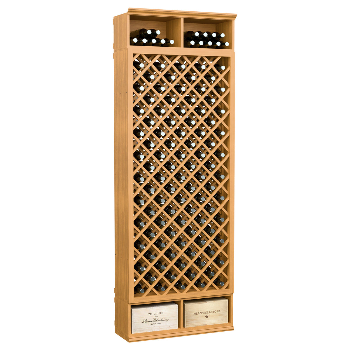 Light tan wood wine bottle storage cabinet with diamond lattice and bottle racks