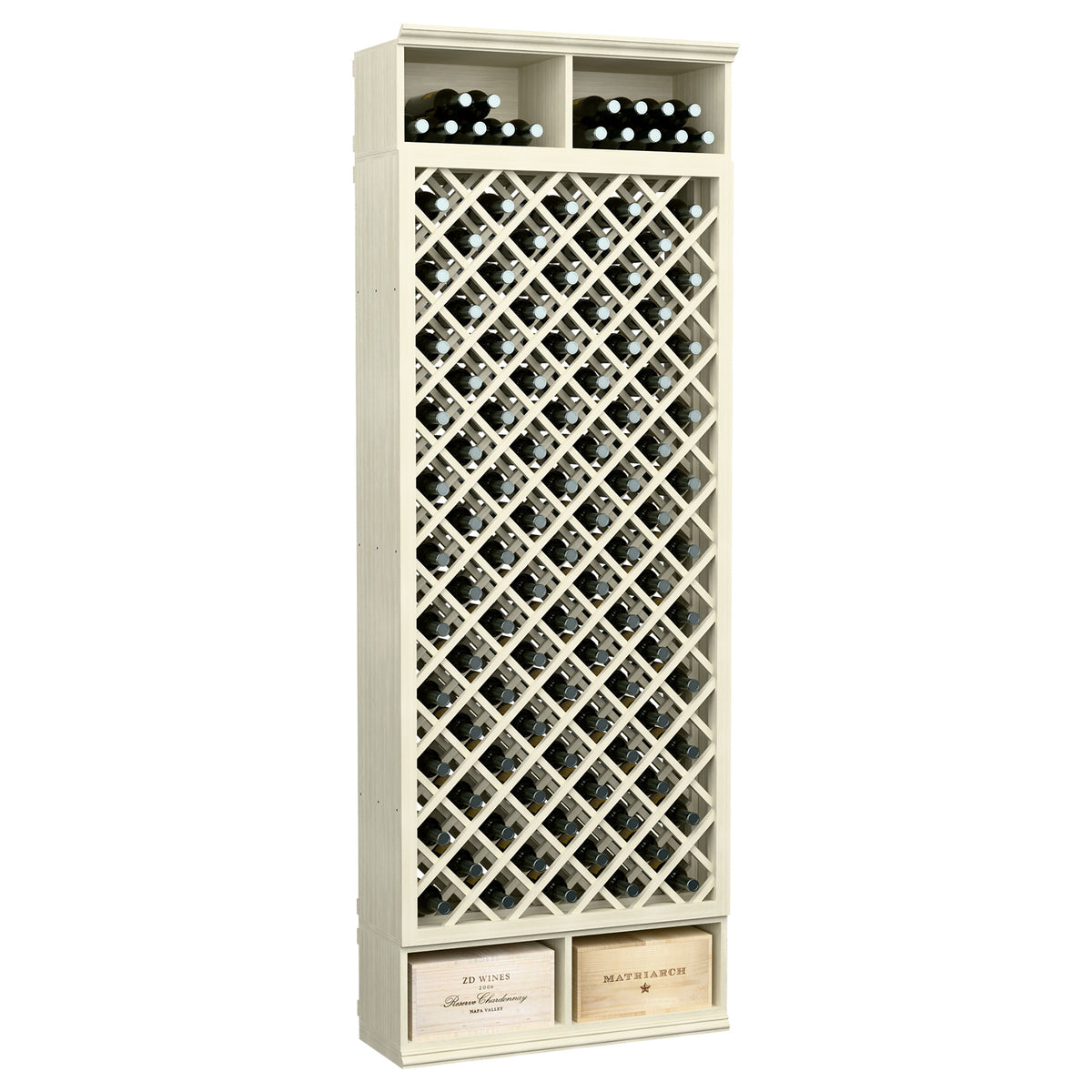 Whitewashed wood wine bottle storage cabinet with diamond lattice and top bottle holders