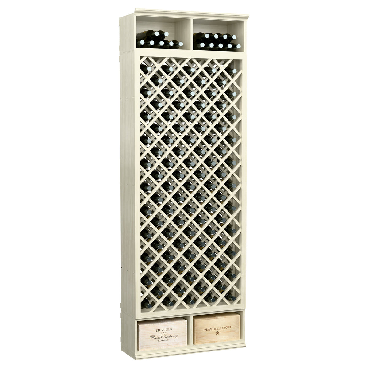 Weathered white wine bottle storage cabinet with diamond lattice and bottle neck display