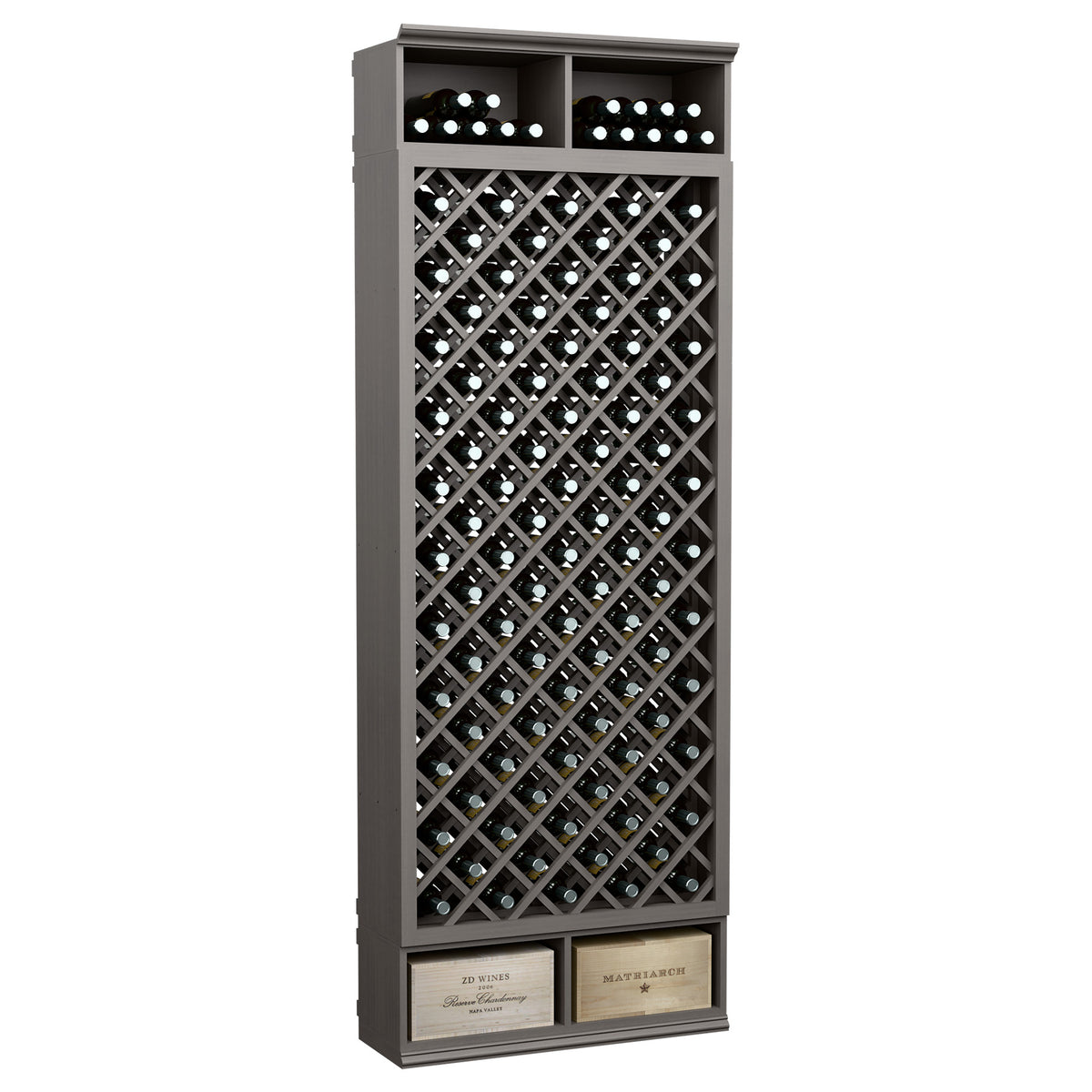 Dark grey wine bottle storage bin with diamond lattice rack and top bottle rows