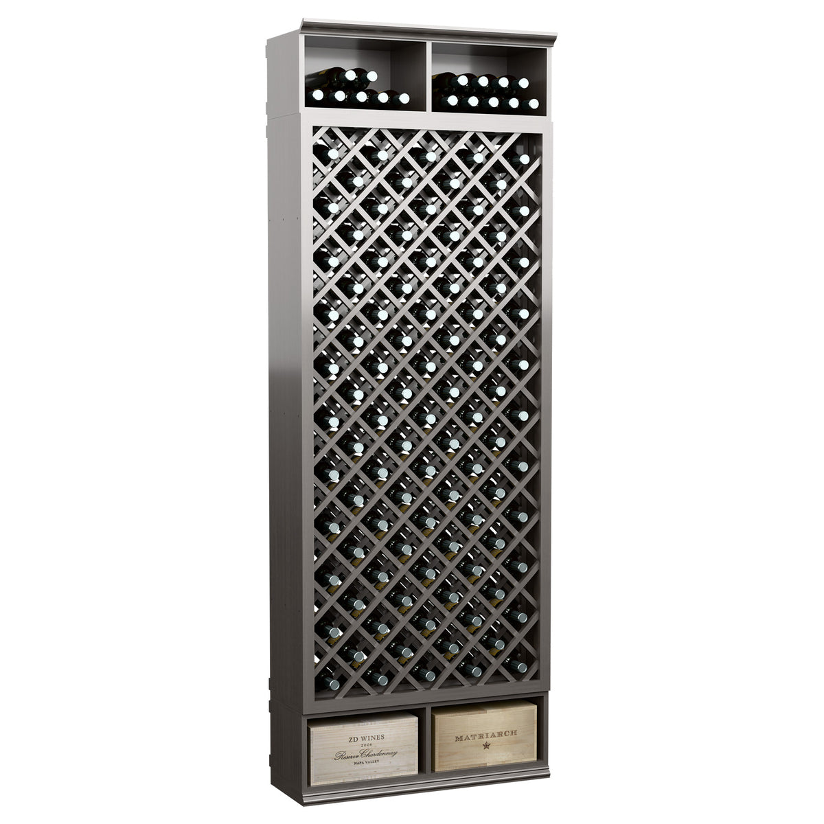 Dark grey wine bottle storage bin with diamond lattice bottle rack and bottom label plaques